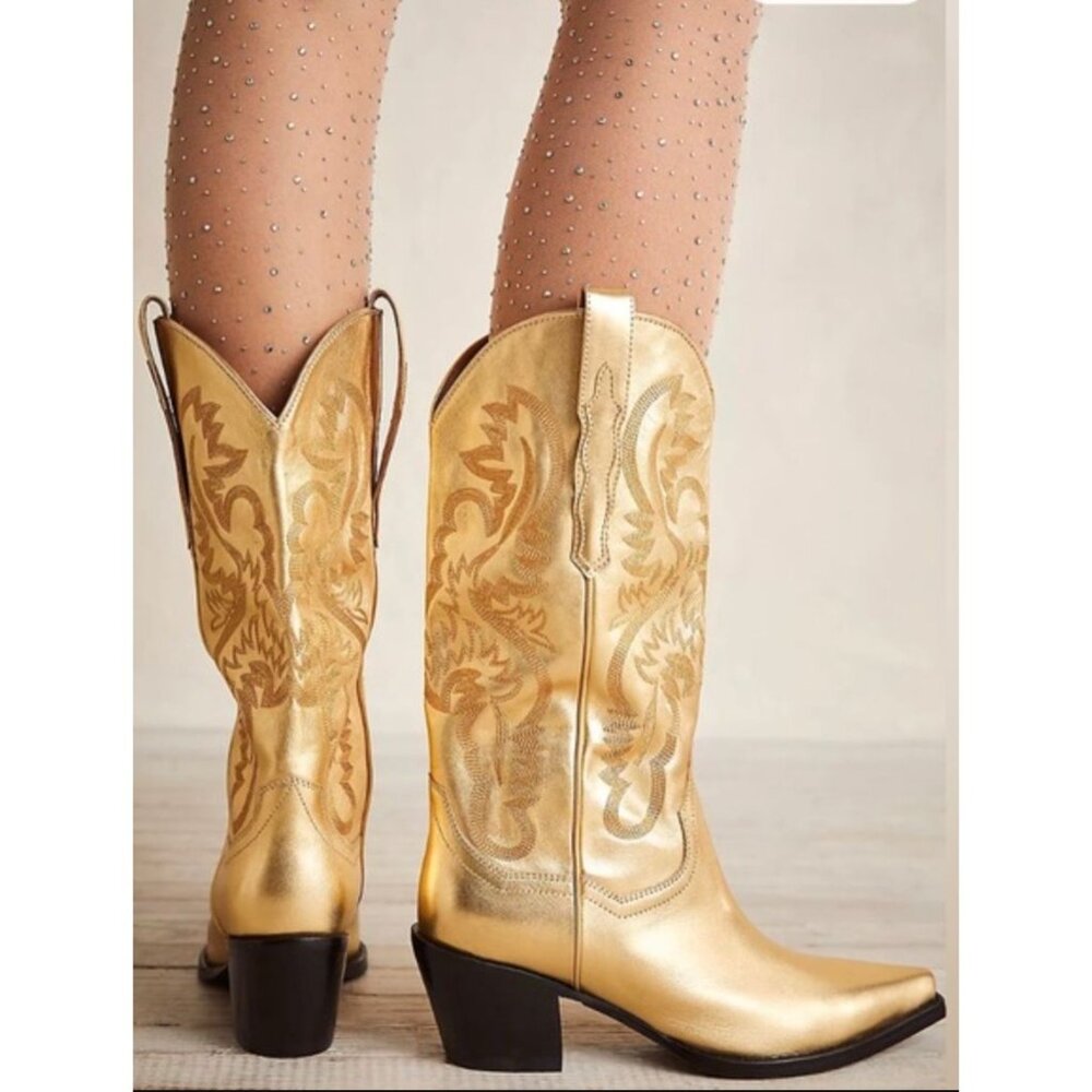 Free People Jeffrey Campbell Dagget Cowboy Boots Metallic Gold Size 7.5